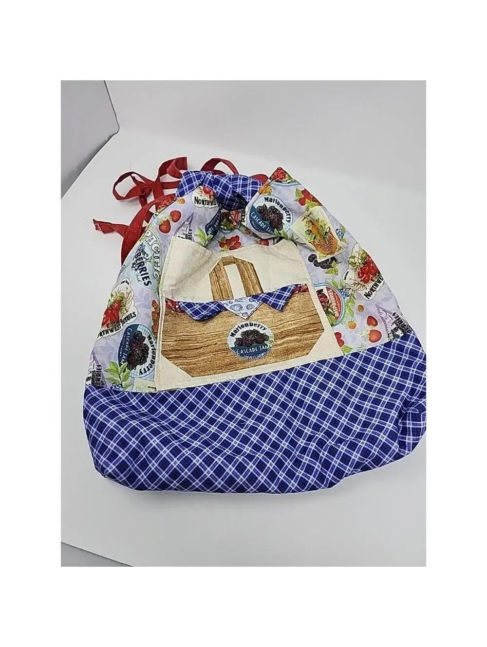 Handmade Tote Bag with Fruit Print and Blue Plaid Northwest Berries